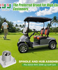 Straight Swap Aluminum Front Wheel Hub Assembly for EZGO RVX Golf Cart 2008 Up Gas Electric Set of Two Heavy Duty Build with Four Bolt Pattern shown with golf cart.