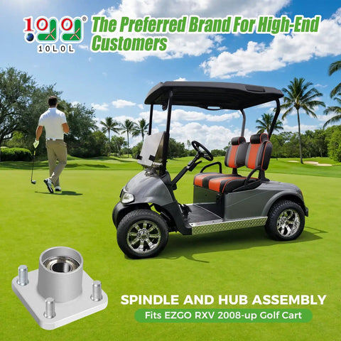Straight Swap Aluminum Front Wheel Hub Assembly for EZGO RVX Golf Cart 2008 Up Gas Electric Set of Two Heavy Duty Build with Four Bolt Pattern shown with golf cart.