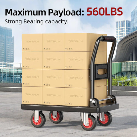Foldable Push Cart Dolly With 560 Lb Capacity, Heavy Duty Moving Platform Hand Truck, 4 Inch TPR Wheels, Loaded with Boxes, Red Wheel