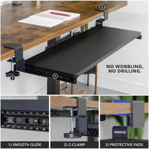 Under Desk Keyboard Tray 30 Inch Extra Wide Slide Out Drawer No Drill Clamp Mount Holds 11 Lbs Fits Desks Up To 1.77 Inches Thick shown installed with clamp mount