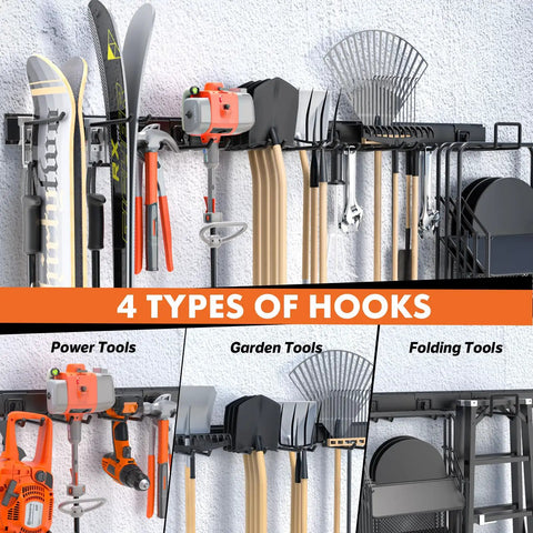 64 Inch Garage Tool Organizer Wall Mount Heavy Duty Storage Rack With 620 Lbs Capacity showcasing tools and hooks on metal shelf