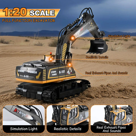 11 Channel Remote Control Excavator Toy For Boys with realistic construction truck features on sandy terrain
