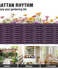 Purple rattan planter with flowers, highlighted uses in garden, balcony, and living room, showcasing versatility.