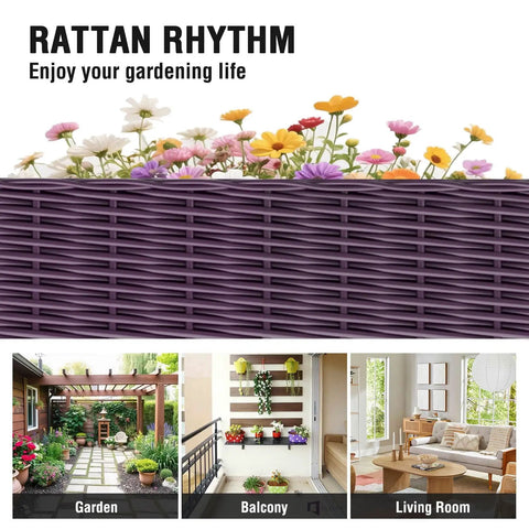 Purple rattan planter with flowers, highlighted uses in garden, balcony, and living room, showcasing versatility.
