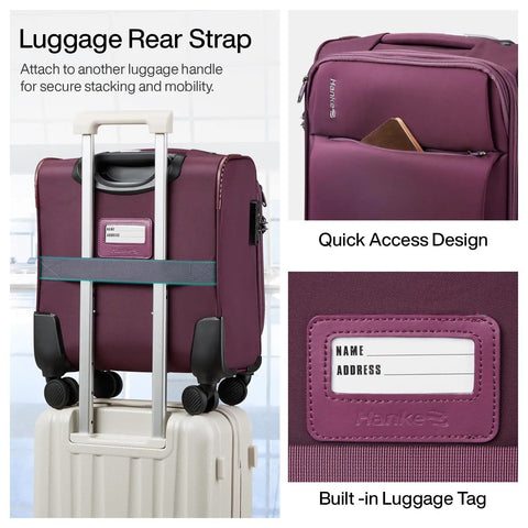 Underseat Carry On Luggage 16 Inch With Spinner Wheels Airline Approved Lightweight Softside Roller Bag purple with luggage strap