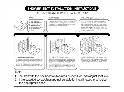 Installation instructions for Premium Burmese Teak Folding Shower Seat Bench Wall Mounted With Brushed Finish.