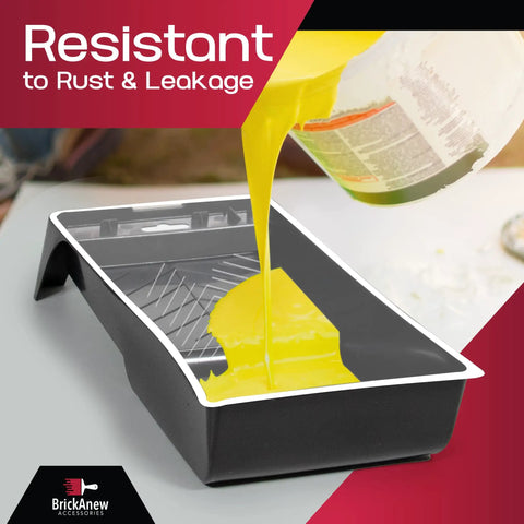 Liquid paint pouring into a 9-inch disposable liner in a roller tray, featuring heavy duty plastic with textured ridges for easy cleanup