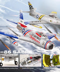 F-86 Sabre EDF Jet with logo and detailed cockpit, showcasing shock-absorbing landing gear and speed brakes in flight.