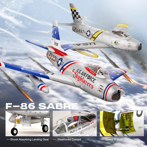 F-86 Sabre EDF Jet with logo and detailed cockpit, showcasing shock-absorbing landing gear and speed brakes in flight.