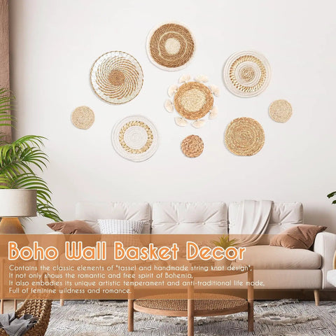 Nine Piece Boho Wall Basket Set Made From Seagrass And Rattan Round Handmade Hanging Baskets Displayed in Living Room