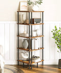 Built Different Five Tier Corner Shelf Stand, Industrial Bookcase With Rustic Brown Wood Shelves And Rock Solid Black Steel Frame, showcasing decor and storage in a cozy living space.