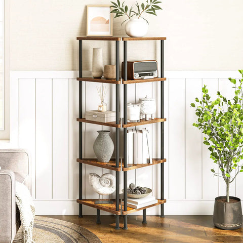 Built Different Five Tier Corner Shelf Stand, Industrial Bookcase With Rustic Brown Wood Shelves And Rock Solid Black Steel Frame, showcasing decor and storage in a cozy living space.