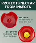 Red bee guard and ant moat for Hummingbird Feeder With Pinch Waist Design No Fuss No Mess Easy Fill And Clean With Bee Guards