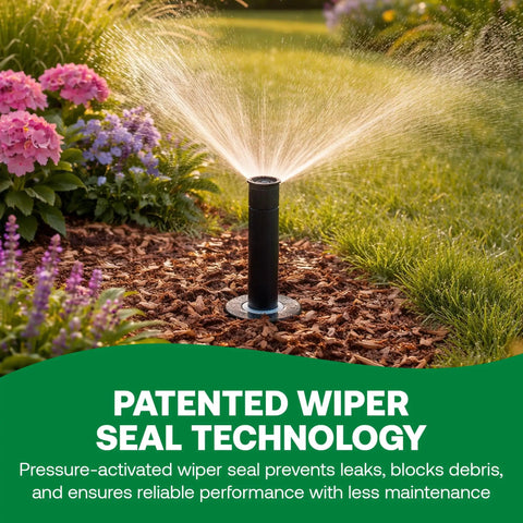 1804VAN 4 Inch Pop Up Sprinkler Head Pack With Adjustable 0 To 360 Degree Arc Nozzle in garden with plants