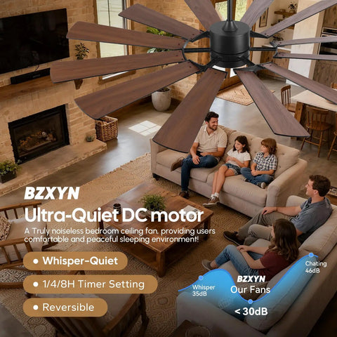 72 Inch Farmhouse Ceiling Fan With Light in living room, dual finish blades, industrial style for indoor use, high CFM fan.