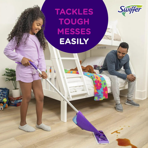 Girl using WetJet Hardwood And Floor Spray Mop Cleaner Starter Kit on wooden floor near bed, father watching.
