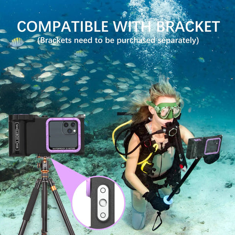Diver using Third Gen Waterproof Diving Phone Case With Bluetooth 50 Feet Depth, compatible with brackets, fits multiple smartphone brands.