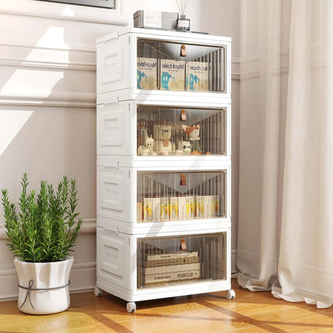 Side view of Four Tier Storage Bins With Lids On Wheels, 23QT Each, Stackable Closet Organizers For Home, Office, Dorm