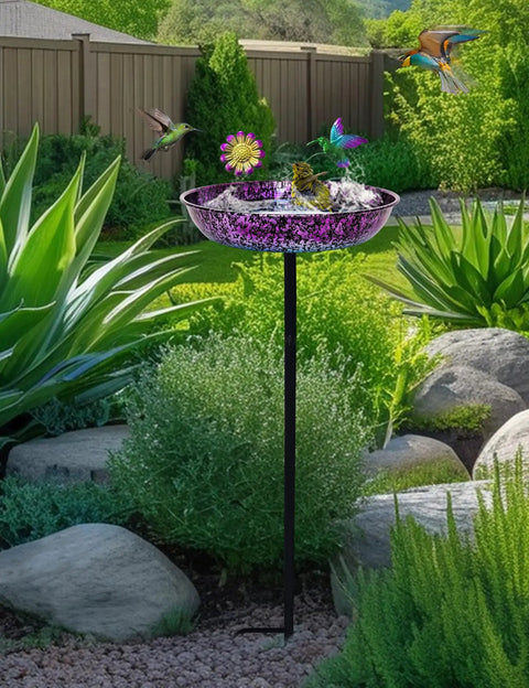 Outdoor 11 Inch Colorful Purple And Blue Metal Bird Bath Freestanding Garden Decor Hummingbird Flower Bowl Feeder for Backyard