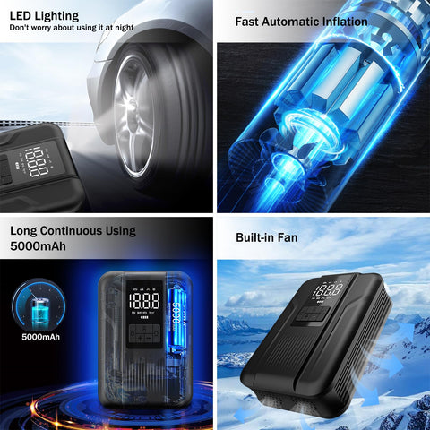 Go To Tire Inflator Portable Air Pump 150 PSI Battery Powered With 5000mAh Capacity showing features like LED light, built-in fan