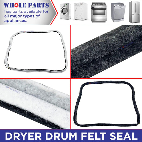Dryer Drum Felt Seal Replacement WP37001132 for Admiral Amana Crosley Kenmore, black and white seal close-up and full view