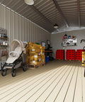 Interior view of 12 x 14 Ft Metal Outdoor Storage Shed Waterproof With Lockable Door showing organized storage space with boxes and shelves.