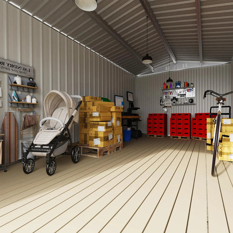 Interior view of 12 x 14 Ft Metal Outdoor Storage Shed Waterproof With Lockable Door showing organized storage space with boxes and shelves.