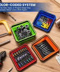 Foldable Magnetic Parts Tray Set 4 Pack Color Coded Collapsible Trays With 2 Pound Capacity And Strong Magnetic Base For Auto Repair Mechanics And Workshop Organization Grab And Go Ready. Color-coded trays with small tools on a wooden table.