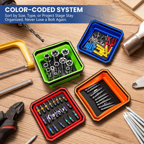 Foldable Magnetic Parts Tray Set 4 Pack Color Coded Collapsible Trays With 2 Pound Capacity And Strong Magnetic Base For Auto Repair Mechanics And Workshop Organization Grab And Go Ready. Color-coded trays with small tools on a wooden table.