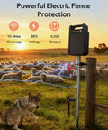 Portable Solar Powered Fence Energizer Delivers 0.20J Output And 8KV For Up To 10 Miles Of Fence Protection Perfect For Livestock Chickens And Gardens With A 10400mAh Rechargeable Battery And Auto Day Night, installed near sheep pasture.