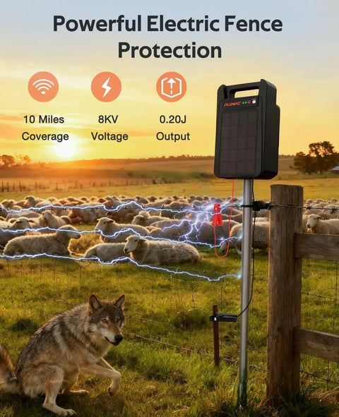 Portable Solar Powered Fence Energizer Delivers 0.20J Output And 8KV For Up To 10 Miles Of Fence Protection Perfect For Livestock Chickens And Gardens With A 10400mAh Rechargeable Battery And Auto Day Night, installed near sheep pasture.