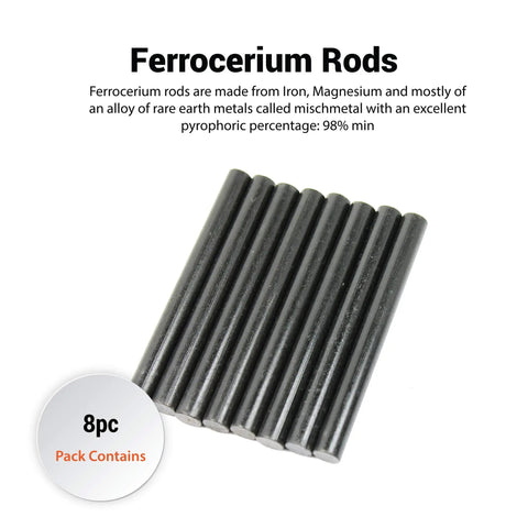 Eight Pack 5/16 Inch Ferrocerium Rods Fire Starter Kit displayed in a row, showcasing metal rod material and packaging.