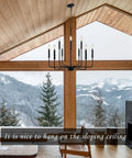 Black Farmhouse Chandelier For Dining Room Over Table Nine Light Industrial Metal Candle Lighting Fixture in rustic room