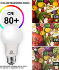 Image of a bulb alongside three color-rendering comparisons, highlighting the 12 Pack A19 LED Bulbs 100W Equivalent Cool White 4000K Dimmable.