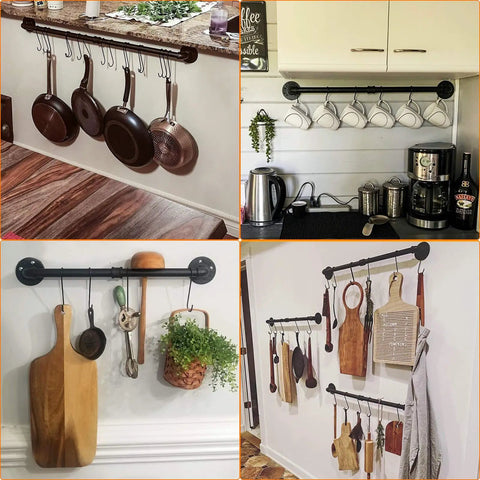 31.5 Inch Wall Mounted Pot Rack With Detachable Pan Lid Organizer And 14 Hooks Heavy Duty Iron In Matte Black For Kitchen Utensils Pots Pans And Lids Storage Keeps Your Kitchen Neat And On Point showcasing various uses and installations