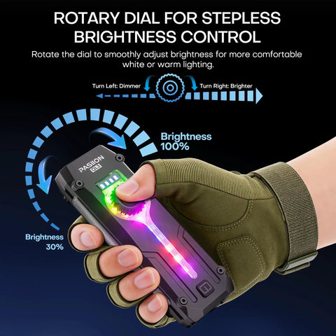 Close-up of hand adjusting Flat EDC Flashlight Rechargeable With 1800 Lumens RGB And UV Light Magnetic Base Dual Switch Stepless Dimming