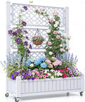 White All Weather Raised Garden Bed With Trellis And Privacy Screen On Wheels
