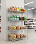 Rock Solid 4 Tier Adjustable Wire Storage Rack Heavy Duty Steel Industrial Shelving displaying beverages and snacks in a store.
