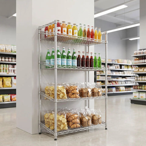 Rock Solid 4 Tier Adjustable Wire Storage Rack Heavy Duty Steel Industrial Shelving displaying beverages and snacks in a store.