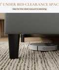 Flat Out Comfy Queen Size Upholstered Platform Bed Frame With Wingback Headboard and High Density Foam Padding wrapped in soft breathable velvet fabric showing 8" clearance for cleaning.