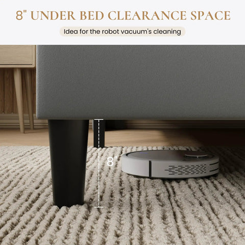 Flat Out Comfy Queen Size Upholstered Platform Bed Frame With Wingback Headboard and High Density Foam Padding wrapped in soft breathable velvet fabric showing 8" clearance for cleaning.