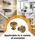 Durable Zinc Alloy Vintage Cabinet Knobs Five Pack - Antique Brass Drawer Pulls Art Deco Star Detail 1 1/8 Inch shown in diverse settings.