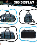 3-piece kids' luggage set in blue game print: 16-inch hard-shell roller suitcase, backpack, and duffel