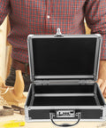Heavy Duty Aluminum Tool Box With Secure Combination Lock, open case displaying large interior for tools on workspace.