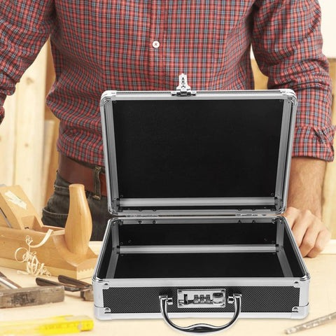 Heavy Duty Aluminum Tool Box With Secure Combination Lock, open case displaying large interior for tools on workspace.