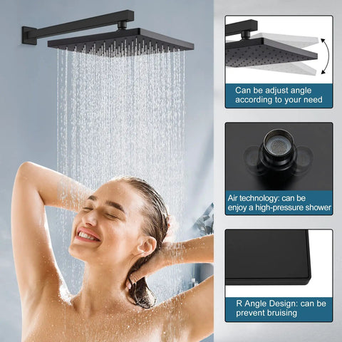 Woman enjoying 10 Inch Rain Shower System With Wall Mount And Pressure Balance Valve ABS Handheld Shower Matte Black Two Way Faucet Trim