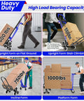 4 In 1 Hand Truck Dolly Heavy Duty Industrial Convertible With 1000 Lbs Capacity For Stair Climbing Platform Cart Flatbed And Folding Utility Use Blue showcasing different load positions: 600 lbs, 750 lbs, 1000 lbs.