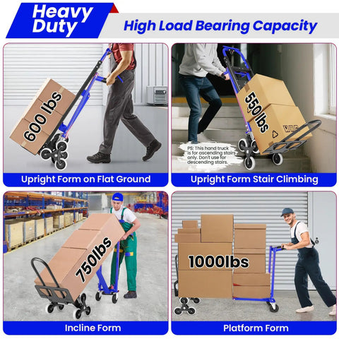 4 In 1 Hand Truck Dolly Heavy Duty Industrial Convertible With 1000 Lbs Capacity For Stair Climbing Platform Cart Flatbed And Folding Utility Use Blue showcasing different load positions: 600 lbs, 750 lbs, 1000 lbs.