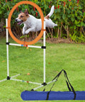 Dog jumps through tire ring of 2 In 1 Adjustable Dog Agility Jump Set With Carry Bag, white obstacle and blue bag visible in grass