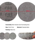 20 Pack Of 2 Inch Mesh Sanding Discs Hook And Loop With Dust Free Sharp Grinding For Smoother Woodwork Finishing On Any Project Surface, shown with textures.
